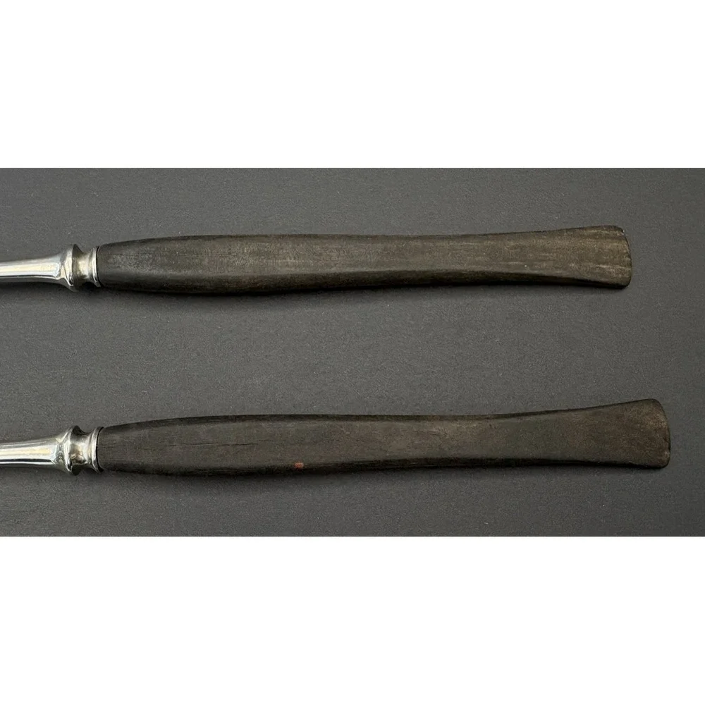 Vintage Scandinavian salad serving set made in Norway silver metal  wood handles